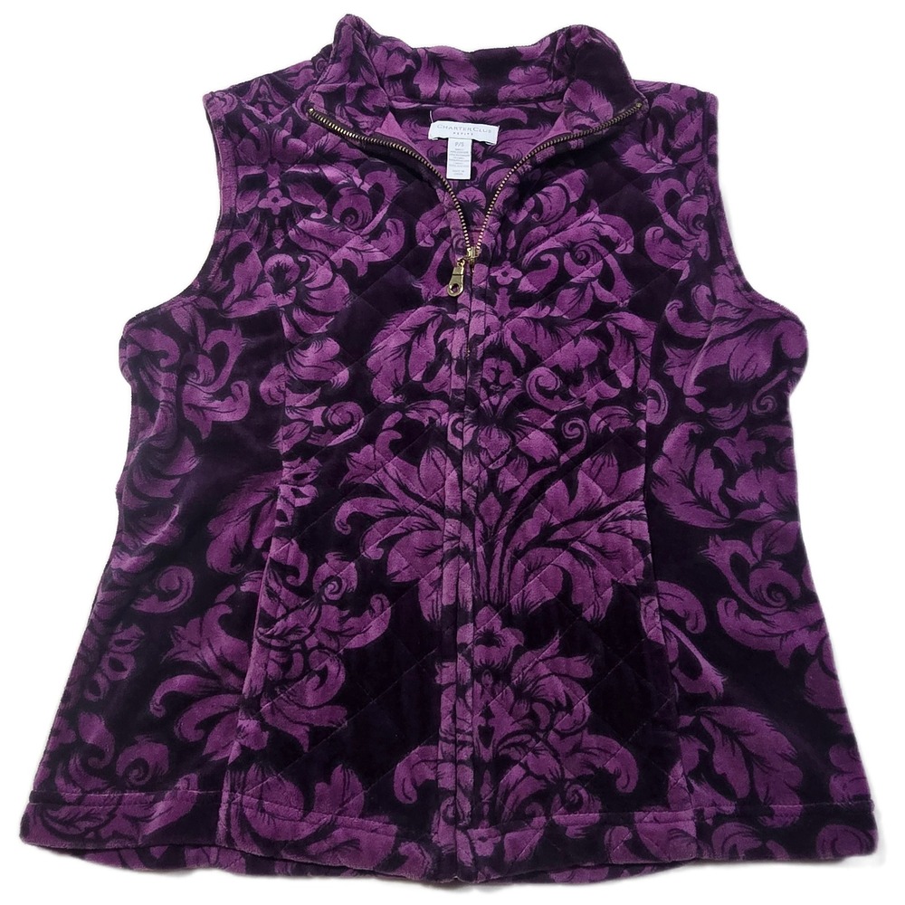Charter Club‎ Petite Velvet Floral Quilted Vest Jacket Purple Size P S